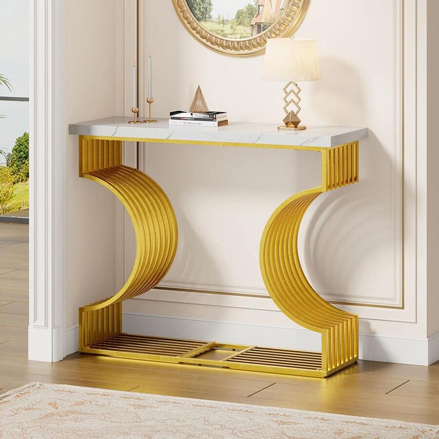 KOMHTOM Salontafels 100*30*80 cm moderne en eenvoudige salontafel in glanzend wit kleine bijzettafel voor de woonkamer console gouden poot twee opstellingsmogelijkheden