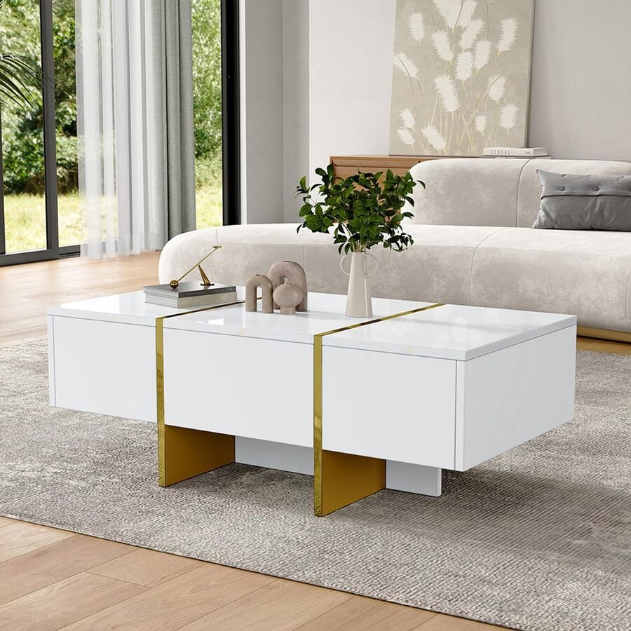 Pugsdrly 100*50*35cm Moderne salontafel voor woonkamer wit met 4 laden salontafel opbergtafel voor woonkamer kleine opbergtafel voor flat