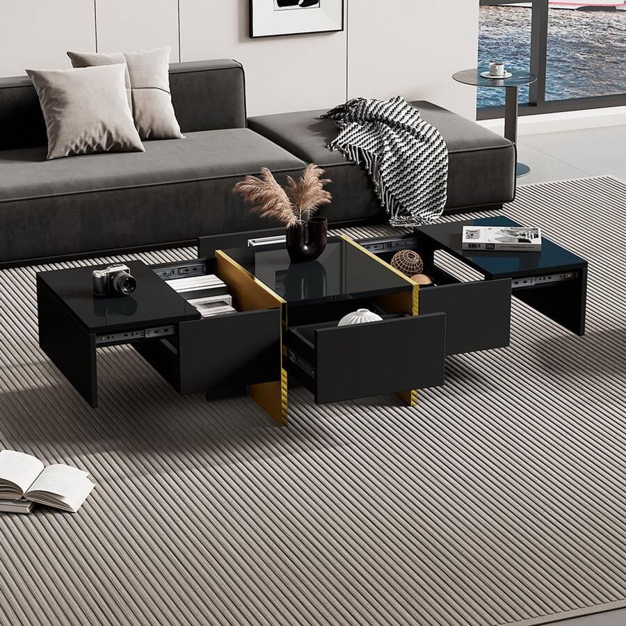 KOMHTOM Salontafels 100*50*35 cm Moderne salontafel zwarte salontafel met 4 lades opbergtafel voor de woonkamer kleine bijzettafel voor appartementen
