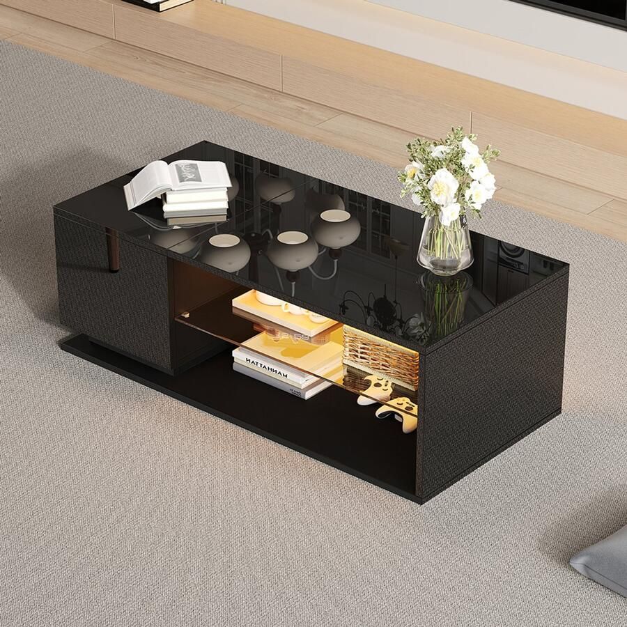 KOMHTOM Salontafels LED-salontafel glanzende salontafel met verlichting en LED-lichtstrip salontafel met opbergruimte 105x50x36 cm Zwart