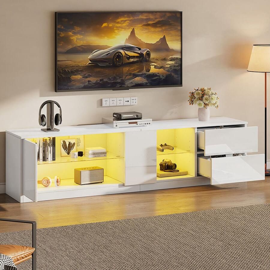 KOMHTOM Salontafels TV-meubel 160 x 40 x 52 cm glanzende ladekast dressoirs met LED-verlichting onderkasten geschikt voor 65 inch tv's geschikt voor de woonkamer en slaapkamer