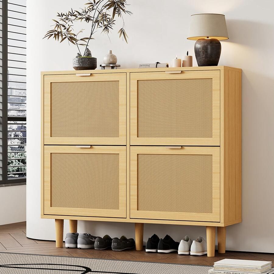 KOMHTOM Schoenenkast met 4 neerklapbare lades rieten schoenenkast met metalen handgrepen schoenenrek voor de gang slaapkamer appartement houten meubels cottage-stijl afmetingen: 100 x 25 x 90 cm
