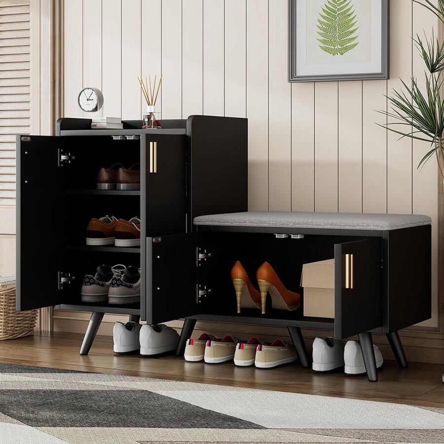 KOMHTOM Schoenenkast uitgerust met vier opbergdeuren asymmetrische metalen handgrepen zwart