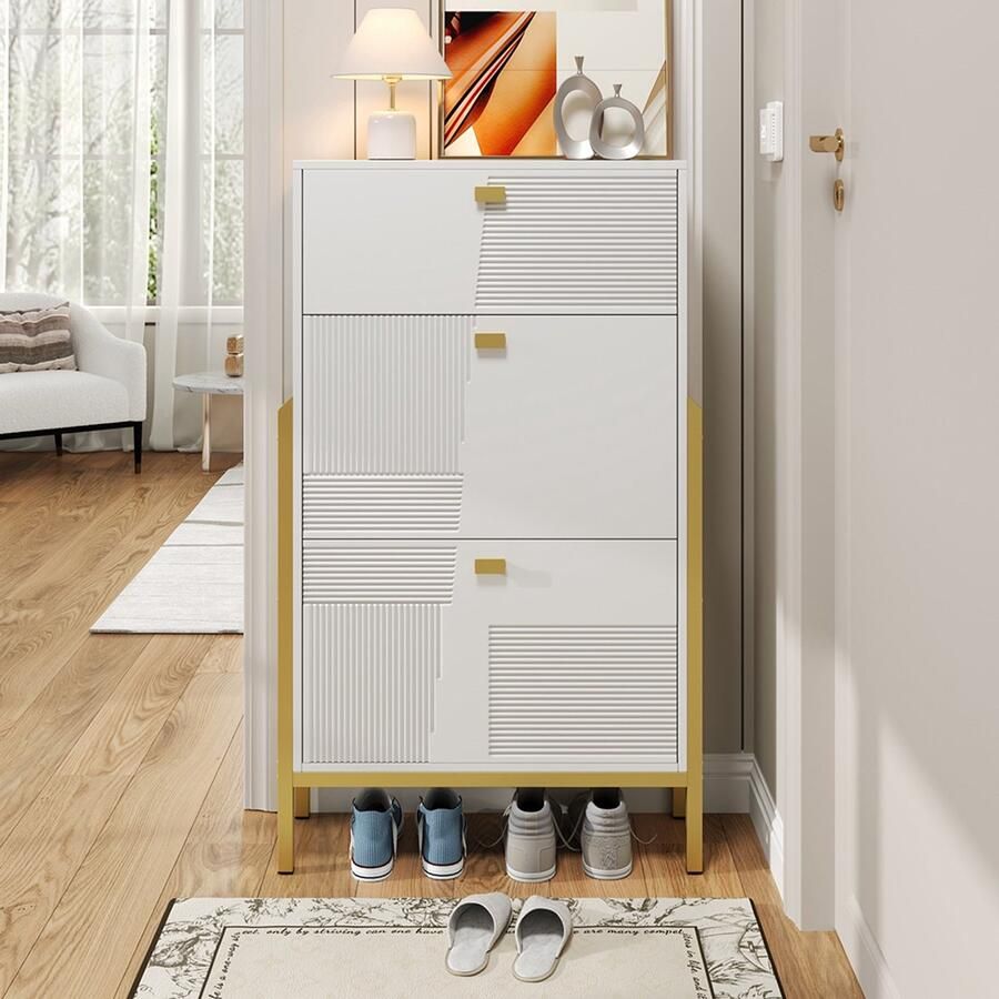 KOMHTOM Schoenenmeubel Dubbele schoenenkast met gouden handgrepen en poten wit