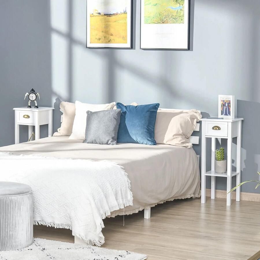 KOMHTOM Set van 2 bijzettafels salontafel ladekast plank schelpvormige handgrepen verouderd messing wit MDF