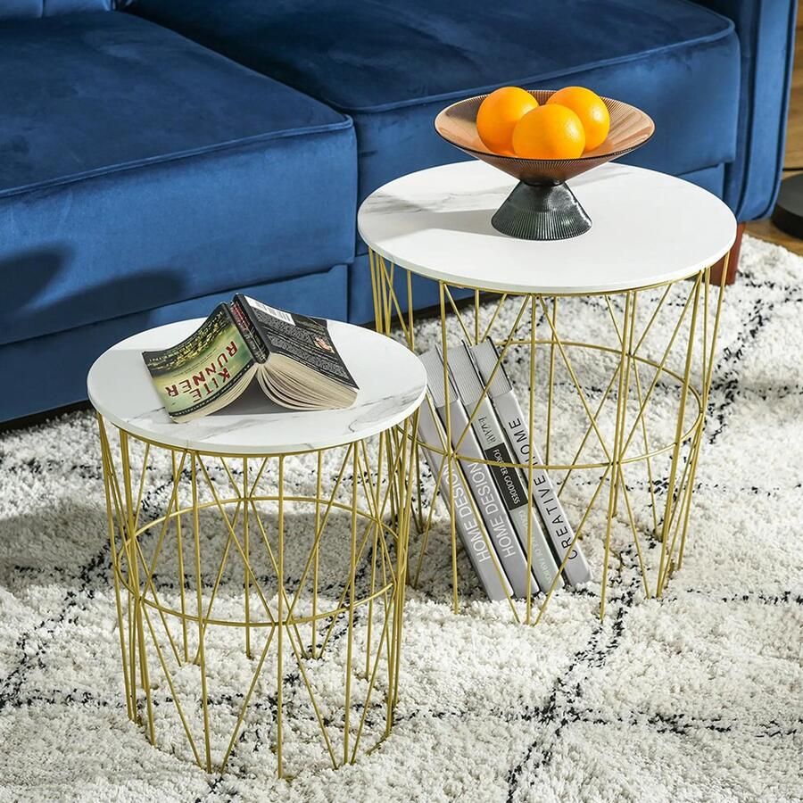 KOMHTOM Set van 2 bijzettafels uitschuifbaar rond tweekleurig met goudkleurig metalen frame en MDF-blad in marmerlook wit