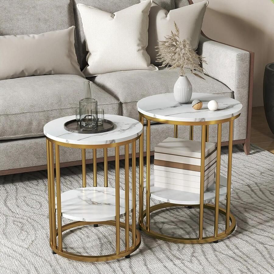 KOMHTOM Set van 2 ronde salontafels in marmerlook met open opbergplank en goudkleurig stalen frame