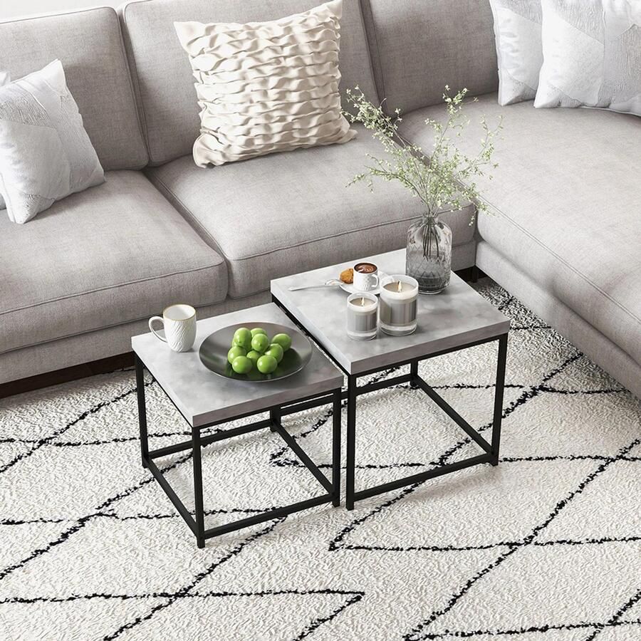 KOMHTOM Set van 2 uitschuifbare bijzettafels vierkante salontafels stalen frame en grijze houten bladen