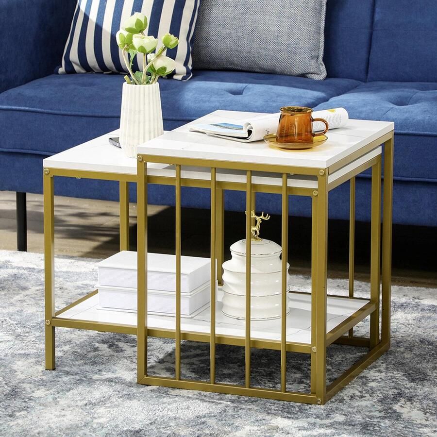 KOMHTOM Set van 2 vierkante bijzettafels wit blad met marmerlook en gouden metalen onderstel