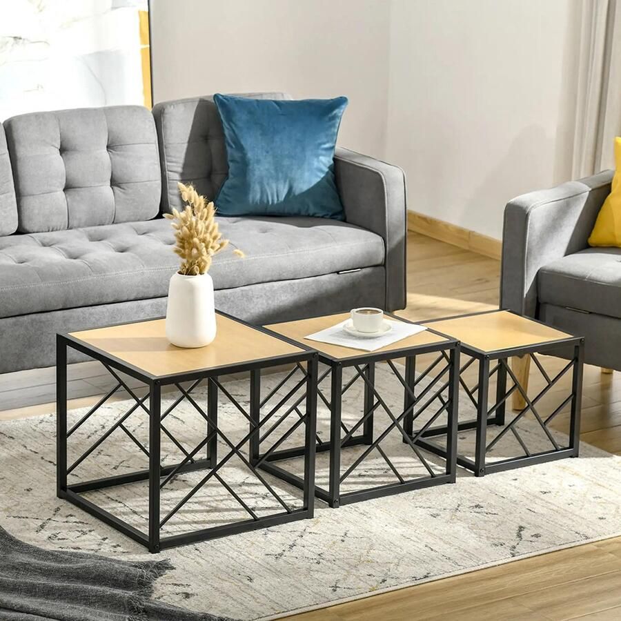 KOMHTOM Set van 3 stapelbare bijzettafels in industriële stijl zwart metaal licht houtlook