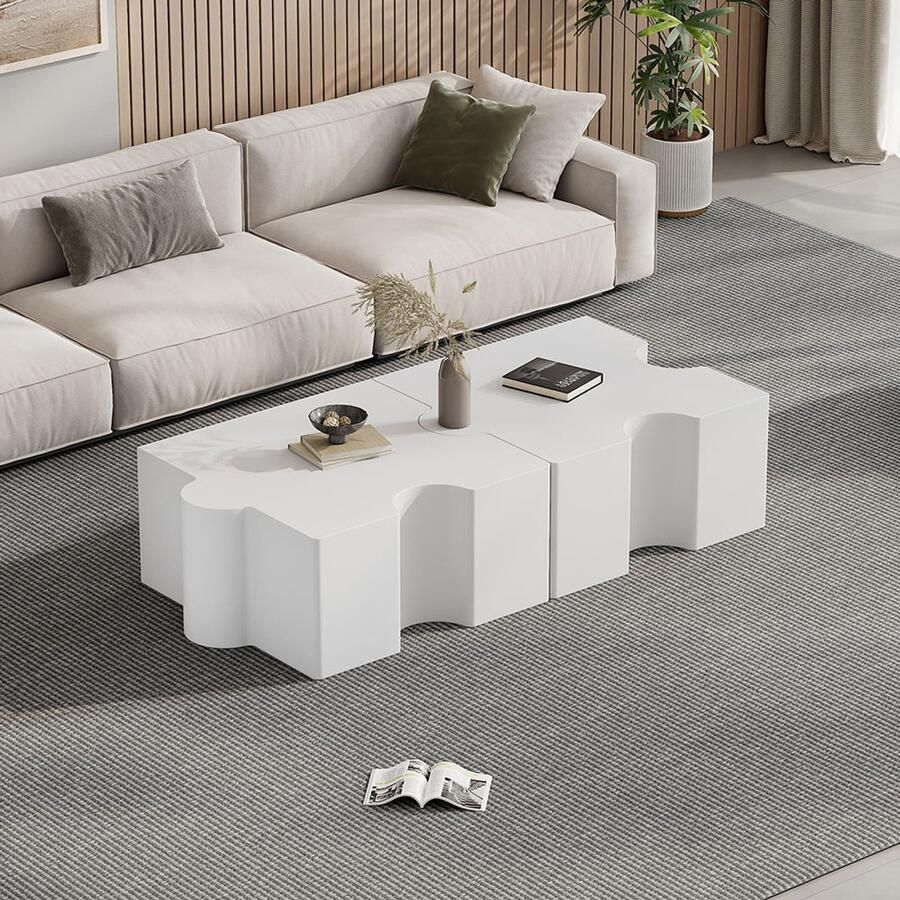 KOMHTOM Set van coole witte salontafels in puzzelvormmodulair ontwerp in 2 delenkan worden gesplitst om salontafels aan beide uiteinden van de bank te plaatsensalontafel