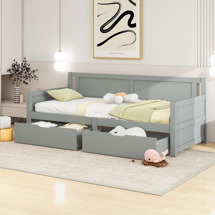 KOMHTOM Slaapbank 90x200 cm eenpersoonsbed met twee opbergvakken massief houten kinderbed grijs