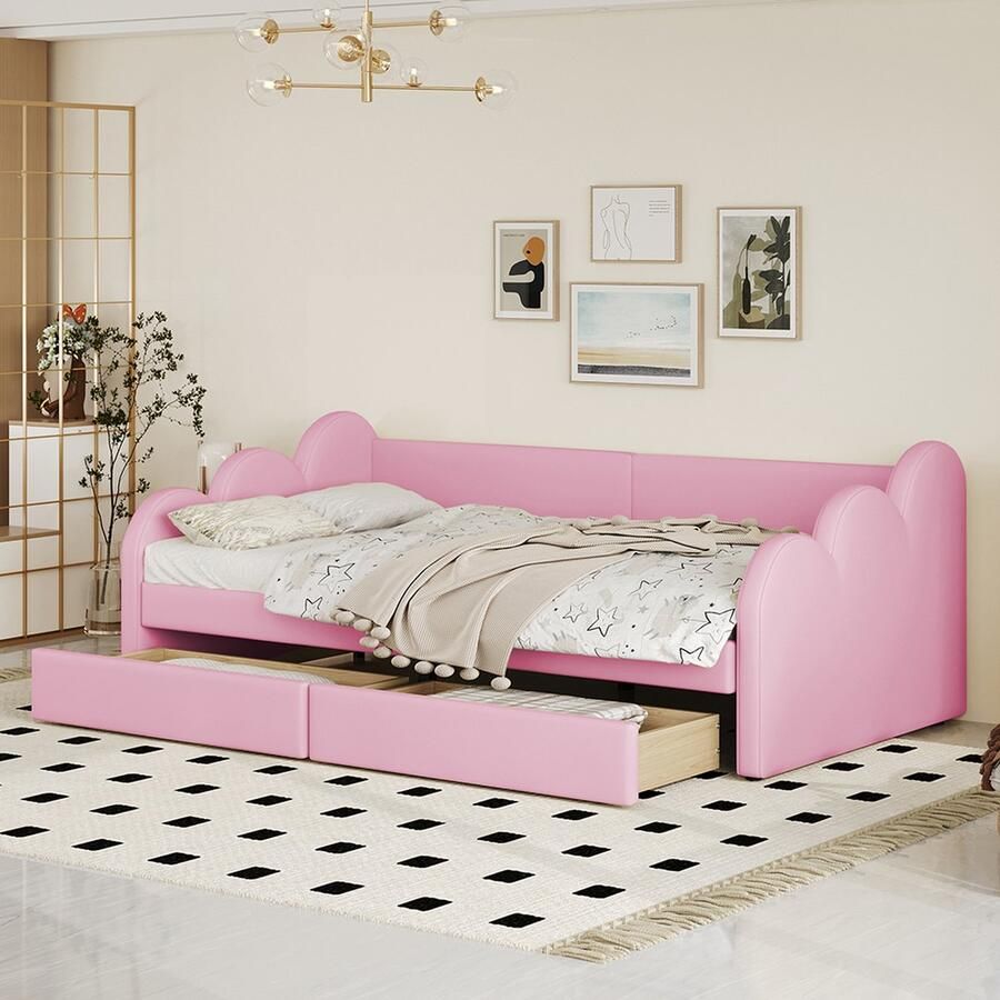 KOMHTOM Slaapbank Kinderbed bed 90x200 cm met 2 laden van Kunstlederen stof met rugleuning en armleuningen Roze