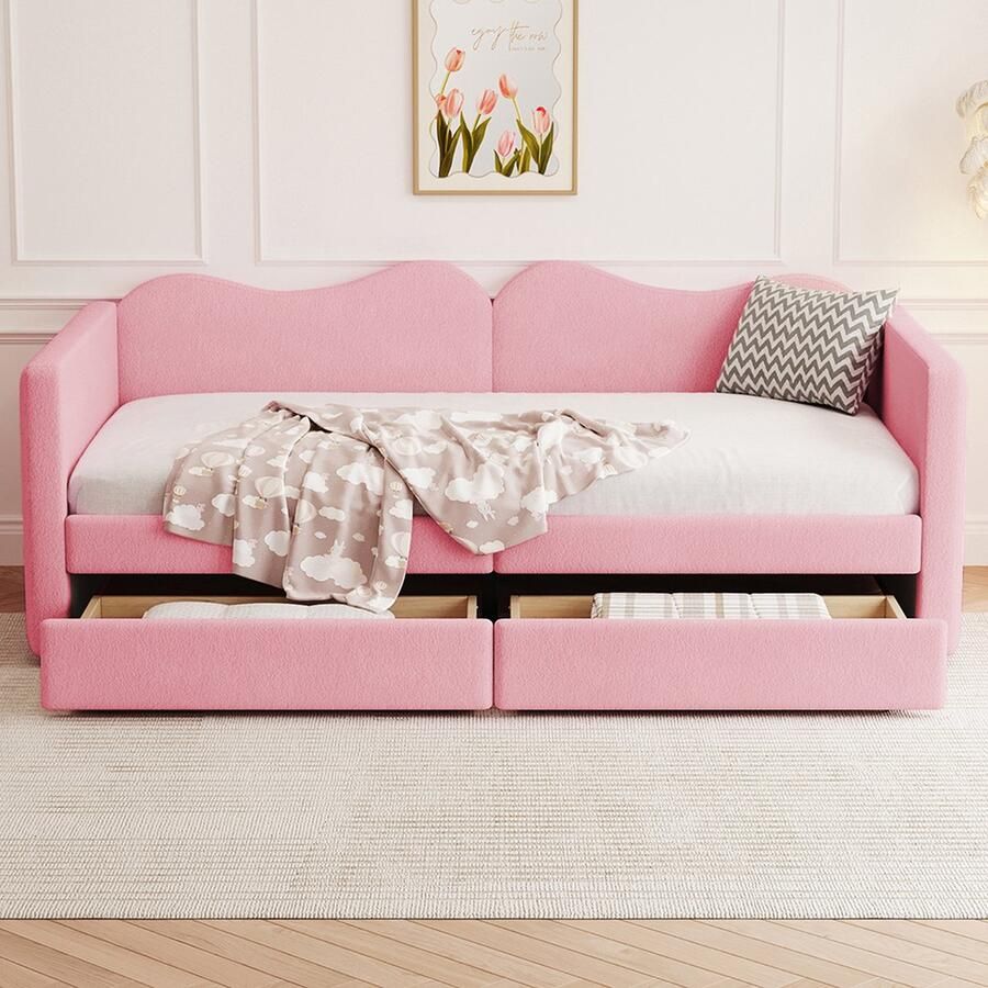 KOMHTOM Slaapbank Kinderbed bed 90x200 cm met 2 laden van teddybeerstof met rugleuning en armleuningen Roze