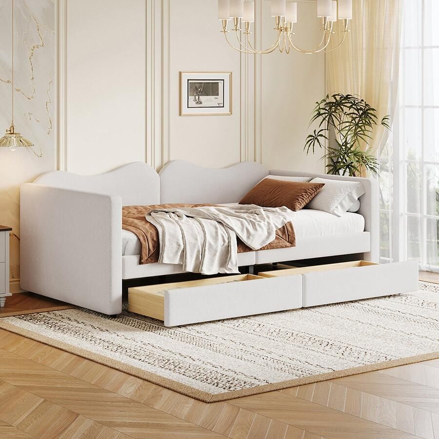 KOMHTOM Slaapbank Kinderbed bed 90x200 cm met 2 laden van teddybeerstof met rugleuning en armleuningen Wit