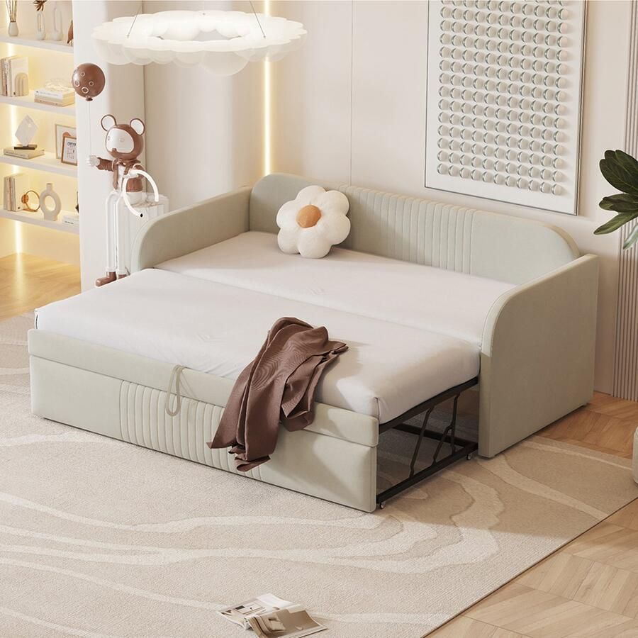 KOMHTOM Slaapbank Uitschuifbare Bedbank 90 180x190 cm met verticale strepen met lattenbodem linnen stof beige
