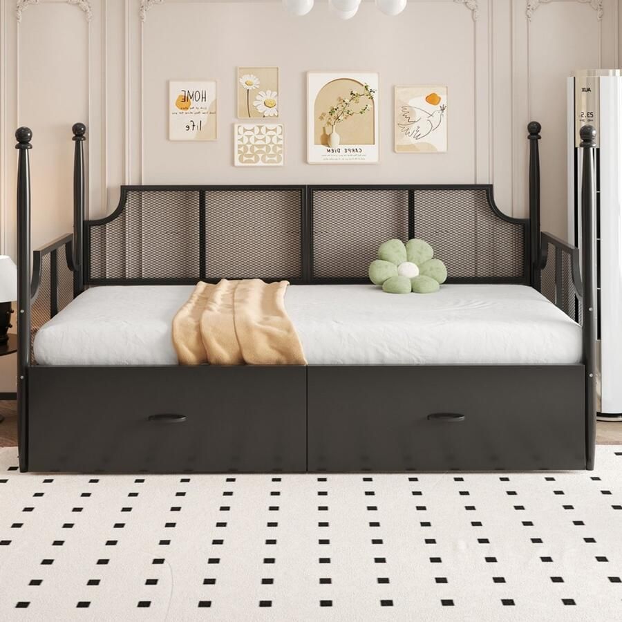 KOMHTOM Slaapbank van ijzer 90*200 rugleuning en armleuningen in vintage stijl omgeven door hoge kolomsteunen metalen frame met opbergvakken eenpersoonsbed van ijzer bed voor tieners zwart