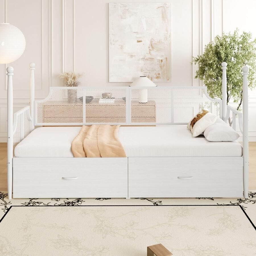 KOMHTOM Slaapbank van ijzer 90*200 rugleuning en armleuningen in vintage stijl omgeven door hoge steunen metalen frame met opbergvakken eenpersoonsbed van ijzer bed voor tieners wit