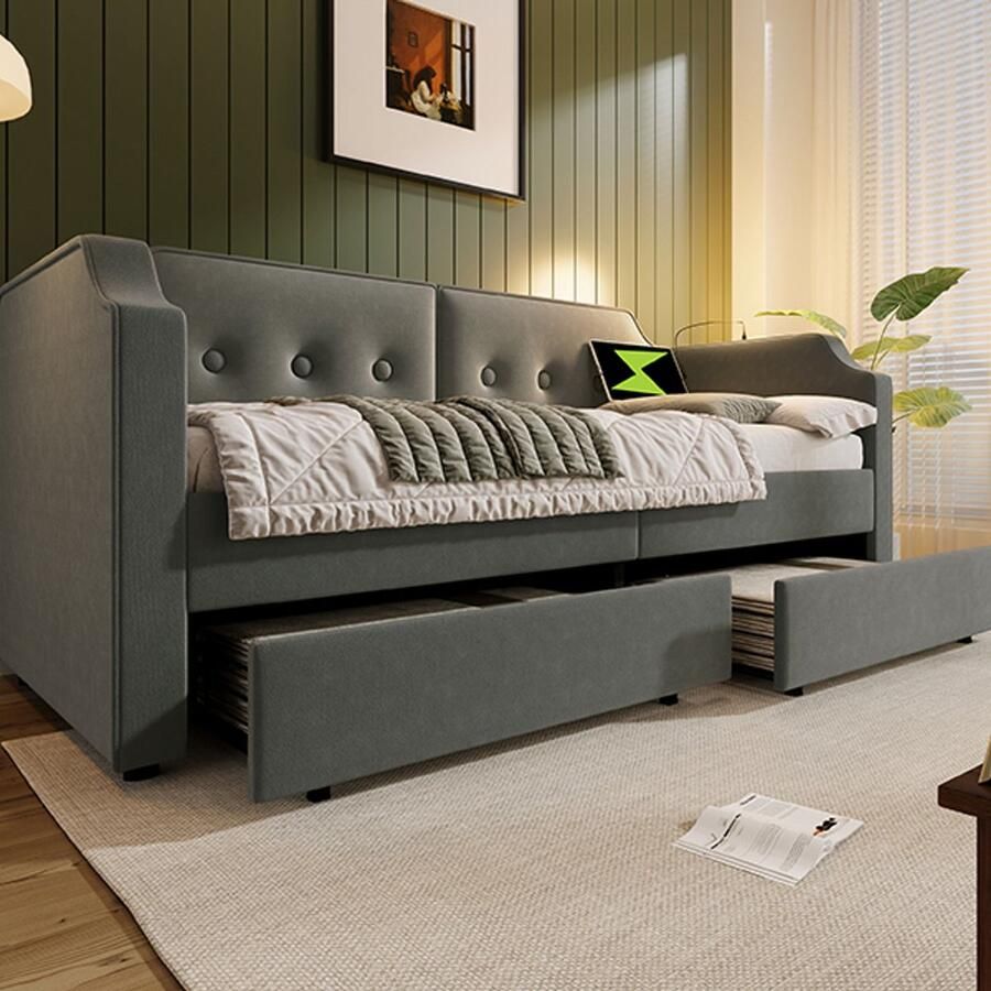 KOMHTOM Slaapbank Volwassen bed 90x200 cm met USB Type-C leeslampje en 2 opberglades met houten lattenbodem Fluweel Grijs