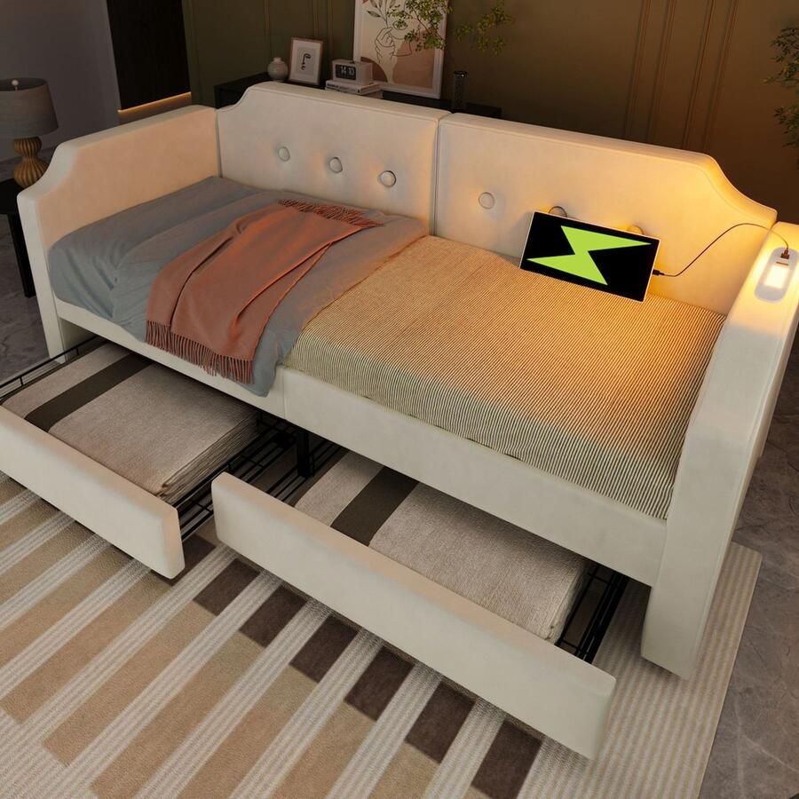 KOMHTOM Slaapbank Volwassen bed 90x200 cm met USB Type-C leeslampje en 2 opberglades met houten lattenbodem Fluweel Beige
