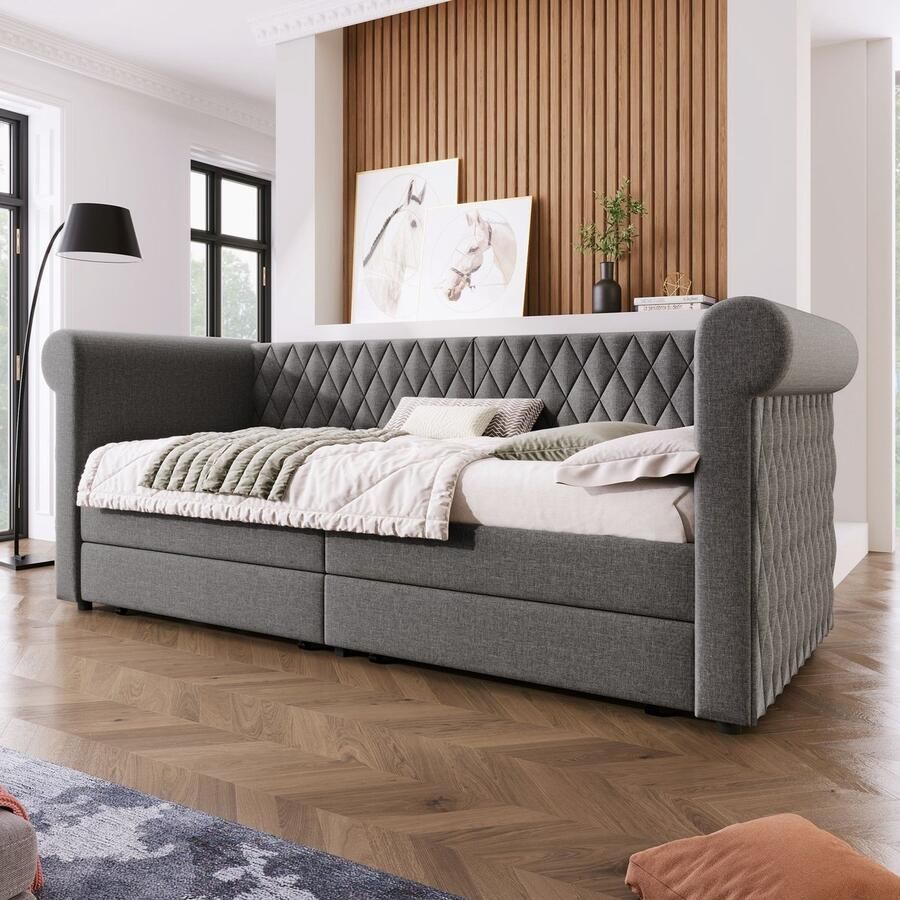 KOMHTOM Slaapbank Volwassen bed Eenpersoonsbed 90x200 cm met 2 opbergladen en houten lattenbodem Linnen Grijs