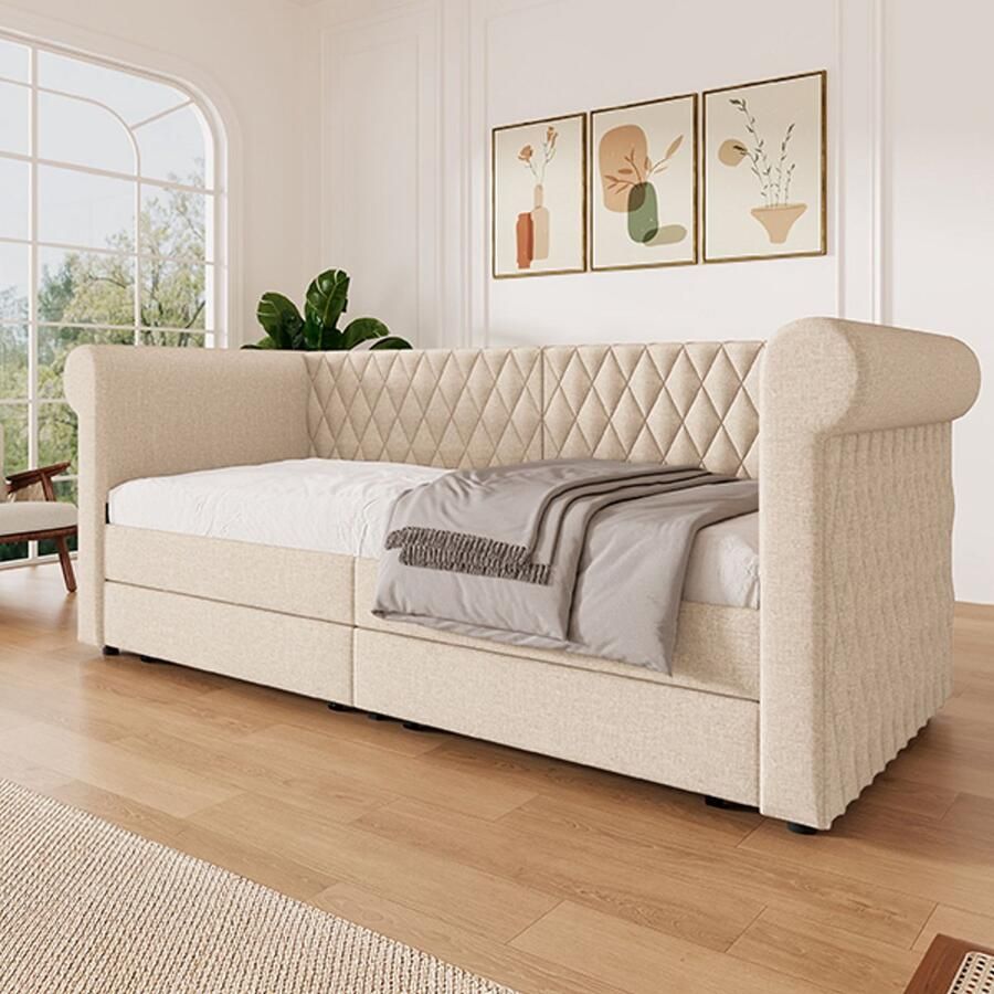 KOMHTOM Slaapbank Volwassen bed Eenpersoonsbed 90x200 cm met 2 opbergladen en houten lattenbodem Linnen Beige