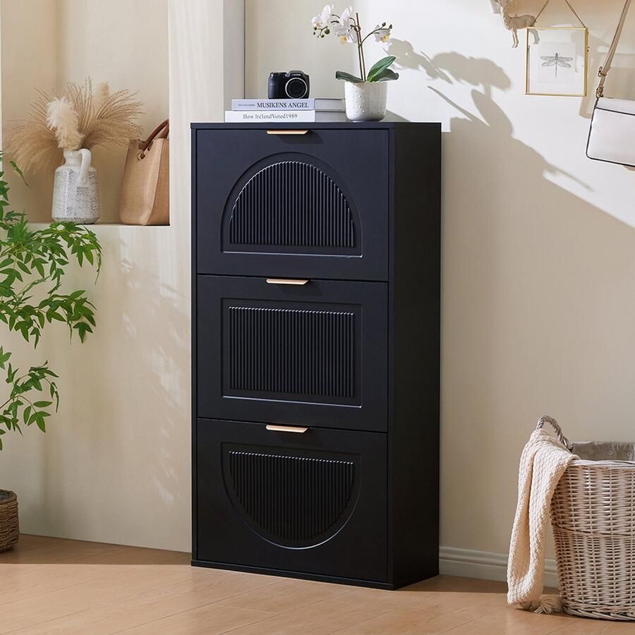 Pugsdrly Smalme schoenenkast met 3 kleppen schoenenkast voor de gang of woonkamer zwart afmetingen: 60 x 24 x 114 cm