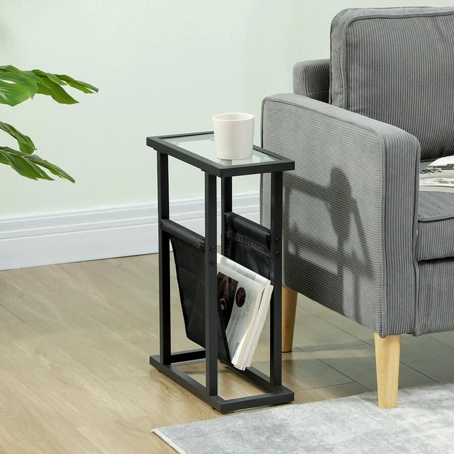 KOMHTOM Smalle bijzettafel van metaal met tijdschriftenhouder en blad van gehard glas 40 x 18 x 555 cm zwart