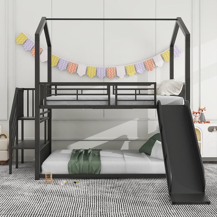 KOMHTOM Stapelbed 140x200 cm Bed voor jongeren met ijzeren frame en wenteltrap zwart