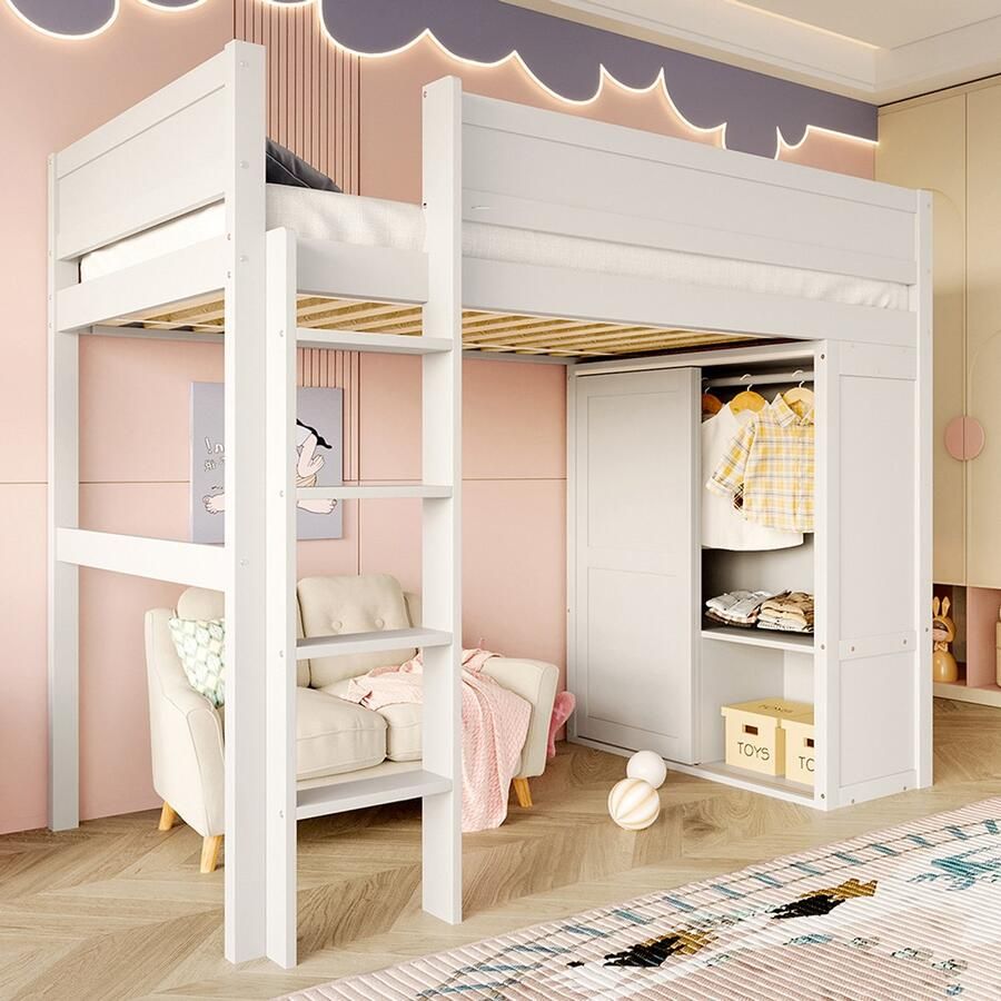 KOMHTOM Stapelbed 90*200 cm multifunctioneel kinderbed voorzien van een kast een opbergvak een open opbergruimte onder het bed zonder matras grenenhout wit