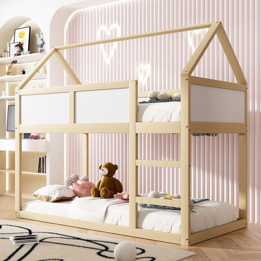 KOMHTOM Stapelbed 90x200 cm Kinderbed eenpersoonsbed met trap massief houten frame naturel - Foto 2