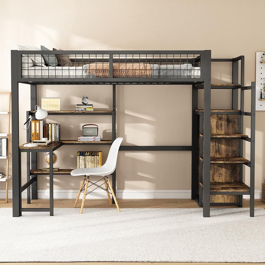 KOMHTOM Stapelbed 90x200 cm Kinderbed ijzeren bed met salontafel meerdere planken inbouwkast zwart