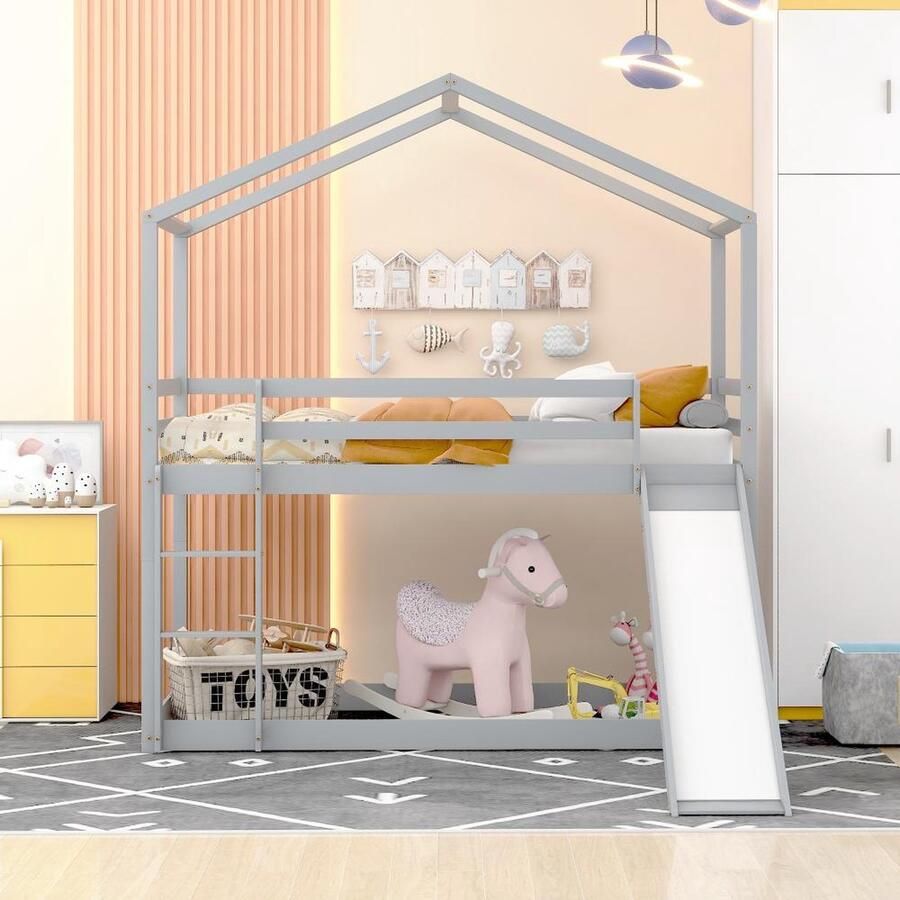 KOMHTOM Stapelbed 90x200 cm Kinderbed Laag met glijbaan Massief houten Kajuitbed met lattenbodem Grijs