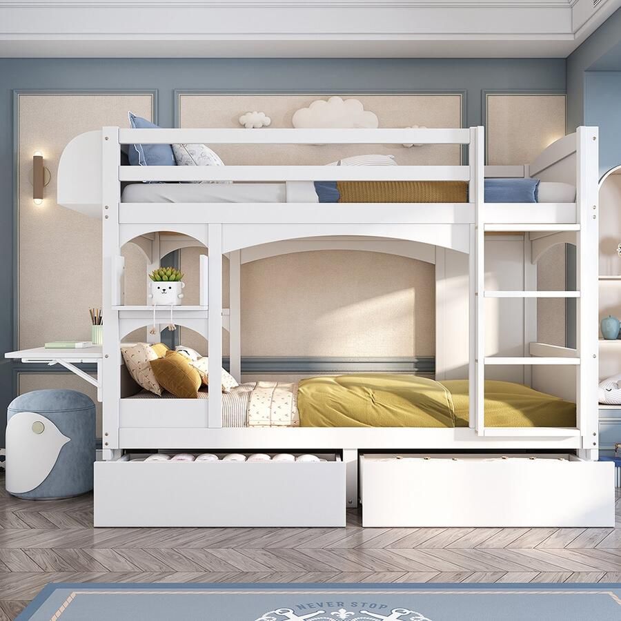 KOMHTOM Stapelbed 90x200 cm kinderbed tweepersoonsbed met opklapbaar bureau en plank met ladder 2 laden hout wit