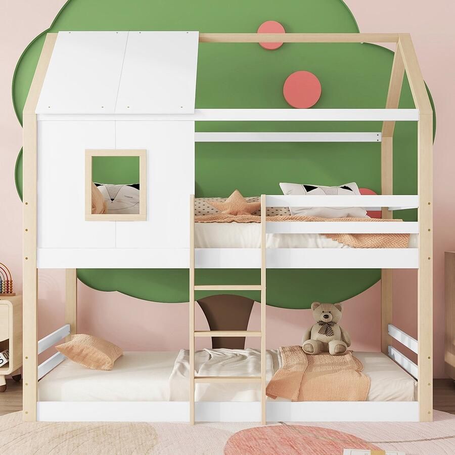 KOMHTOM Stapelbed 90x200 Kinderbed met ladder en raamlijst met lattenbodem Zonder matras Grenen Naturel