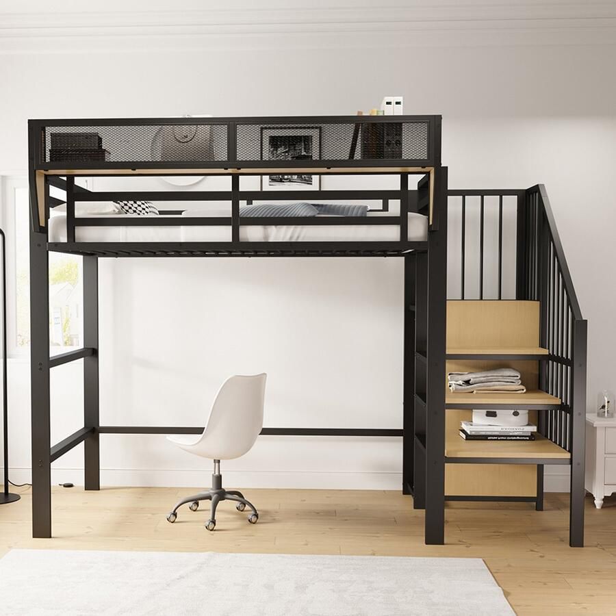KOMHTOM Stapelbed 90x200 met veiligheidsladder en flexibel opbergvak metalen bed voor volwassenen stapelbed voor kinderen zwart