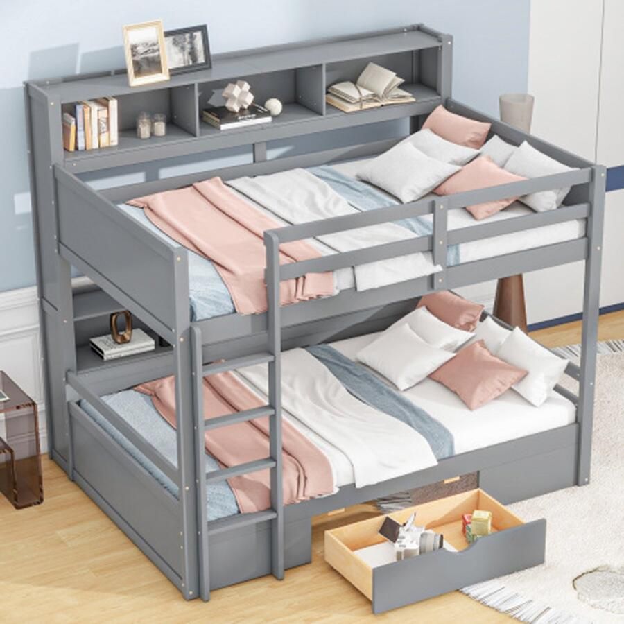 KOMHTOM Stapelbed 90x200cm Eenpersoonsbedden kinderbed met laden met opbergvakken grijs