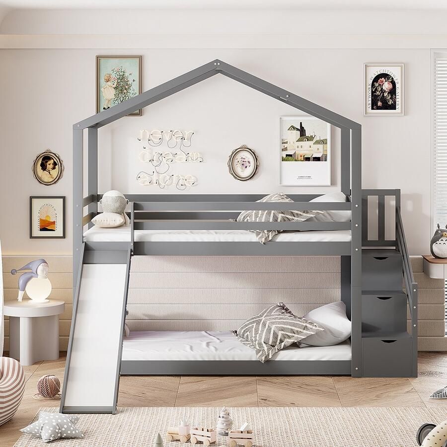 KOMHTOM Stapelbed Bed 90x200 cm Kinderbed Kajuitbed met glijbaan en ladder voor opslag Grijs