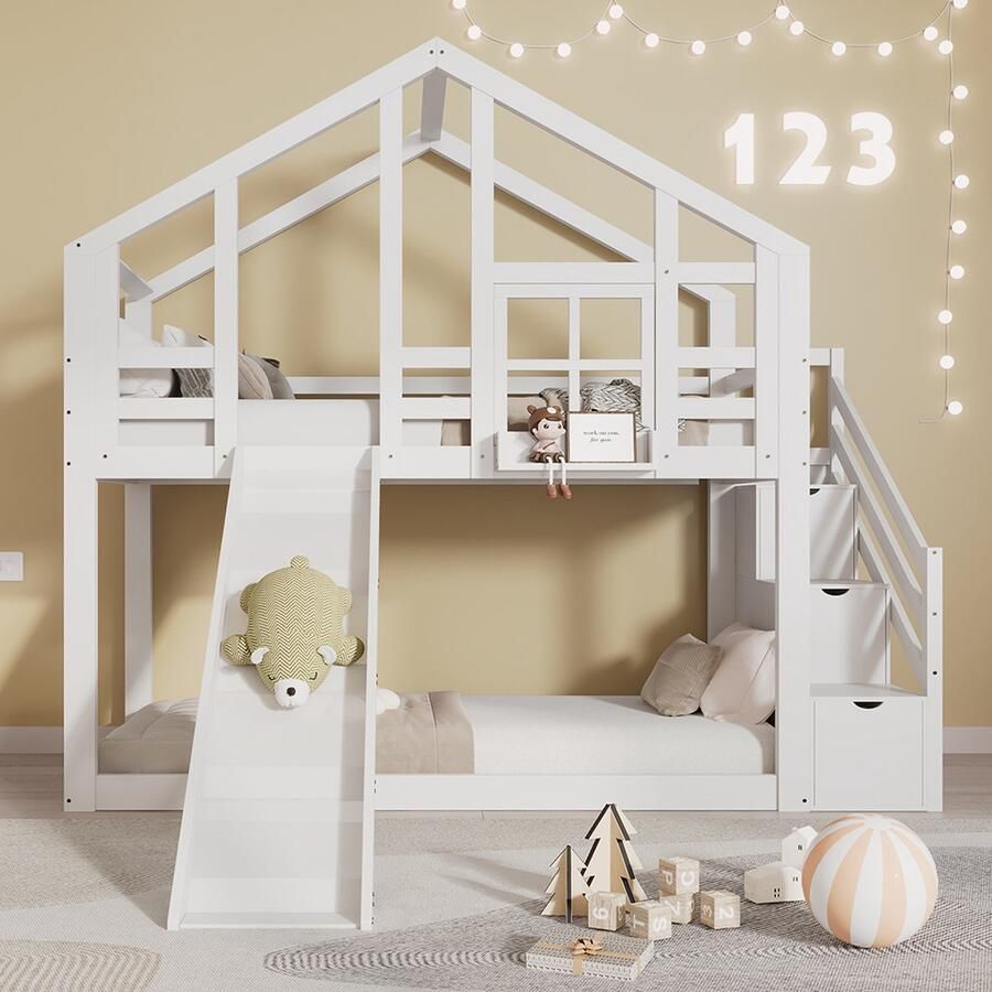 KOMHTOM Stapelbed cabine bed met glijbaan en bomen met lade Bed 90x200 cm met valbeveiliging 2 plaatsen wit