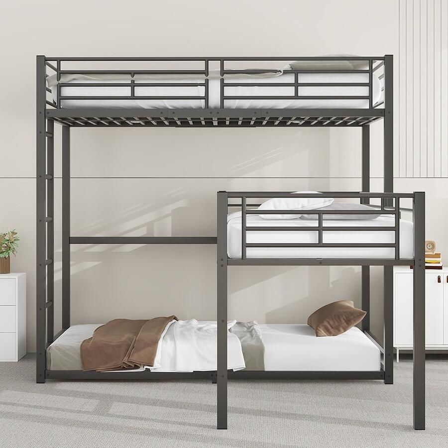 KOMHTOM Stapelbed Eenpersoonsbed 90x200 cm Driepersoonsbed Jeugdbed metalen Bed Zwart