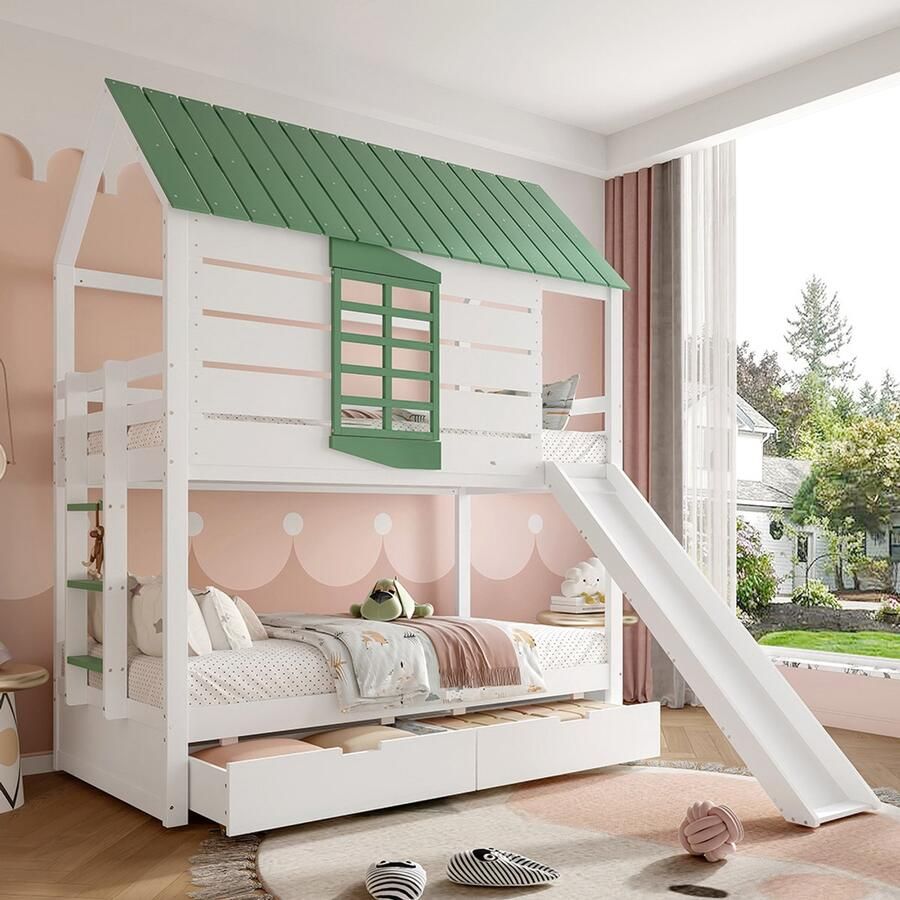 KOMHTOM Stapelbed huis 90X200 met glijbaan en 2 lades wit+groen