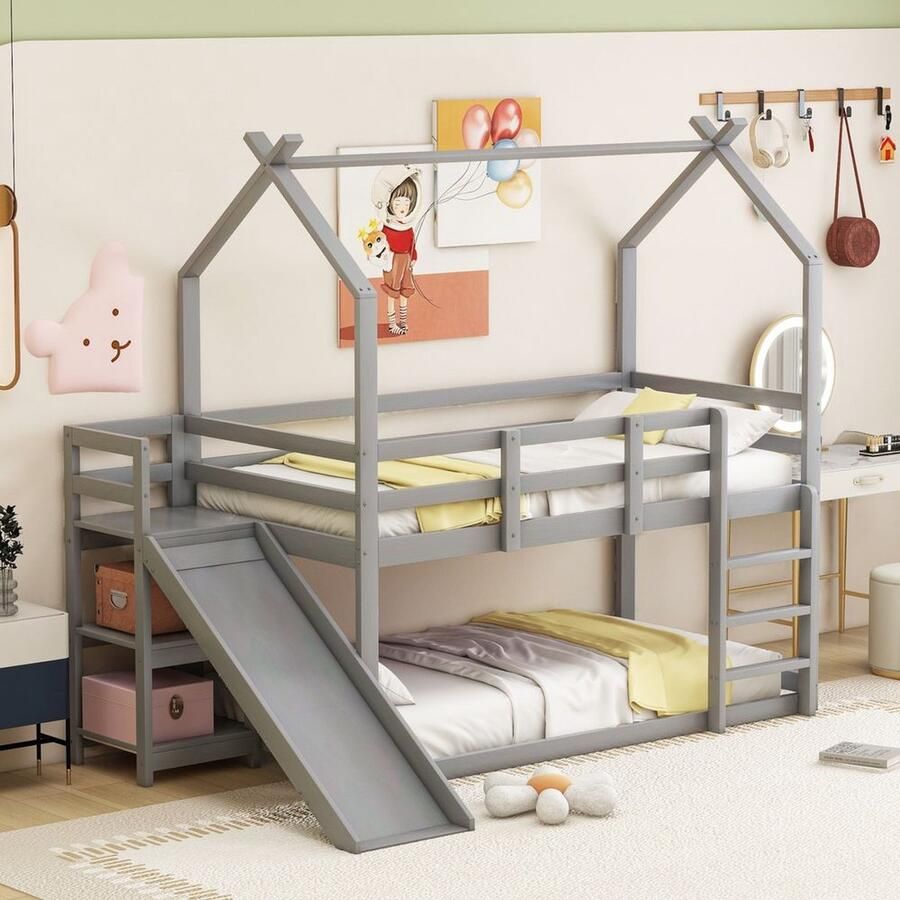 KOMHTOM Stapelbed Kajuitbed 90x200 cm Mezzanine bed met glijbaan en massief houten plank met lattenbodem grijs