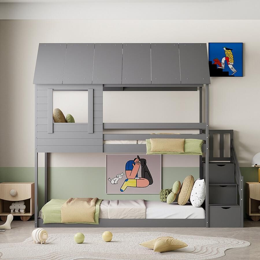 KOMHTOM Stapelbed Kajuitbed Kinderbed 90x200 cm Veiligheidstrap met opbergvakken Lattenbodem Grijs