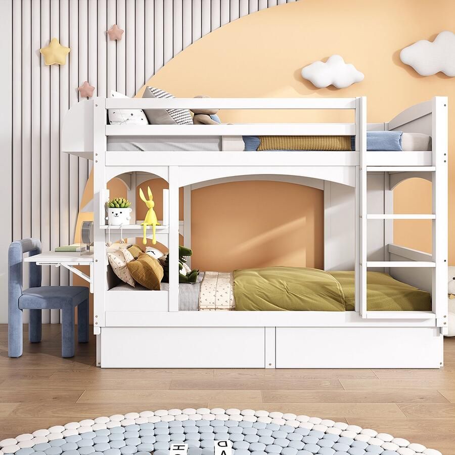 KOMHTOM Stapelbed Kinderbed 90×200 cm met opklapbaar bureau en plank met ladder en 2 laden Wit