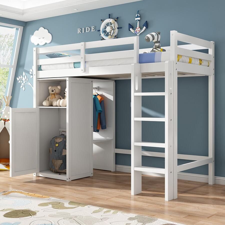 KOMHTOM Stapelbed Kinderbed 90x200 cm hoogslaper met kast en planken en valbescherming wit
