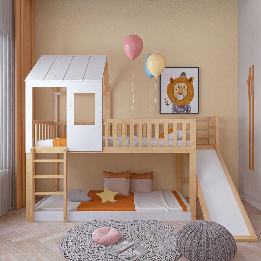 KOMHTOM Stapelbed Kinderbed 90x200 cm met rechte treden en glijbaan naturel+wit