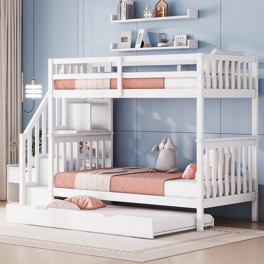 KOMHTOM Stapelbed Kinderbed 90x200 cm met trapje voorzien van een onderschuifbed met hoog hekwerk wit