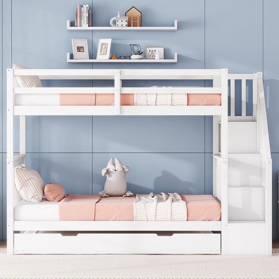 KOMHTOM Stapelbed Kinderbed 90x200 cm met trapje voorzien van een onderschuifbed met hoog hekwerk wit - Foto 2