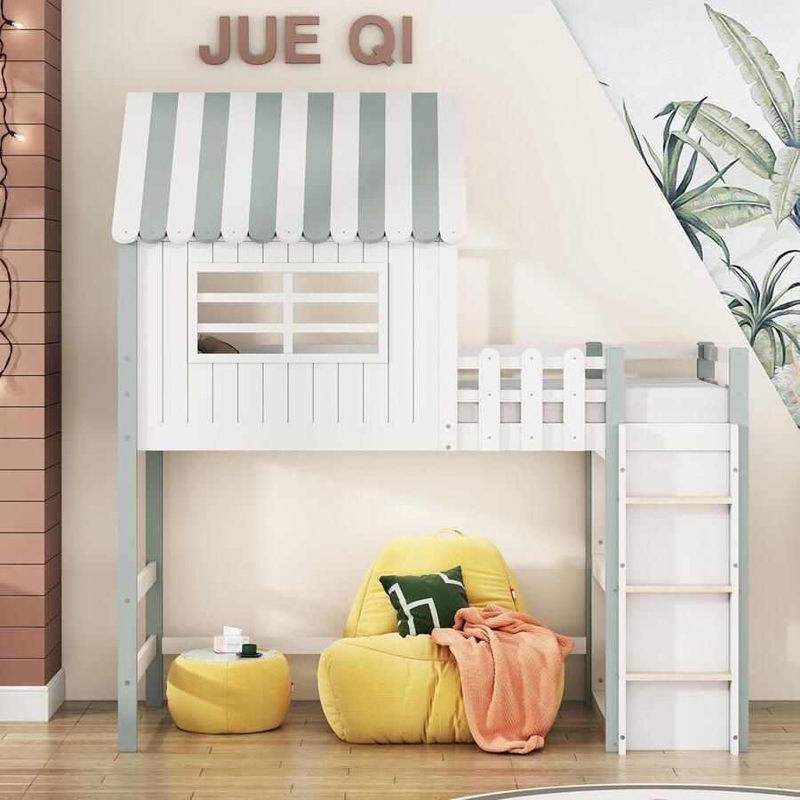 KOMHTOM Stapelbed Kinderbed 90x200 cm met veiligheidsladder met opbergvak Multifunctioneel bed Massief houten bed met lattenbodem Groen