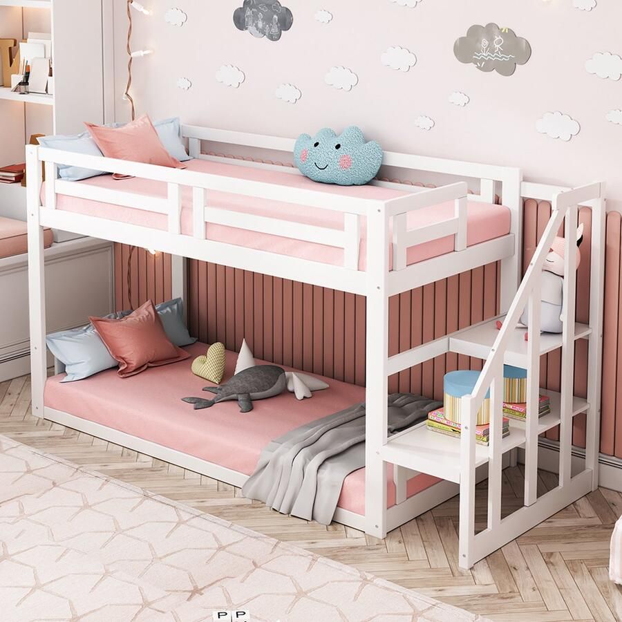 KOMHTOM Stapelbed Kinderbed 90x200 cm onderste met veiligheidstrap houten wit